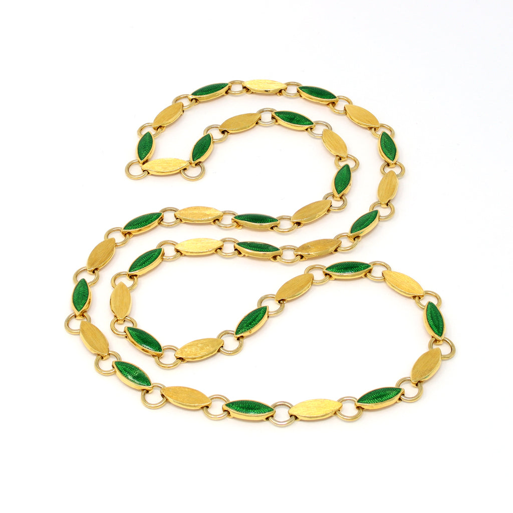 Handmade Italian Guilloche Green Enamel Long Link Necklace, circa 1970 top view