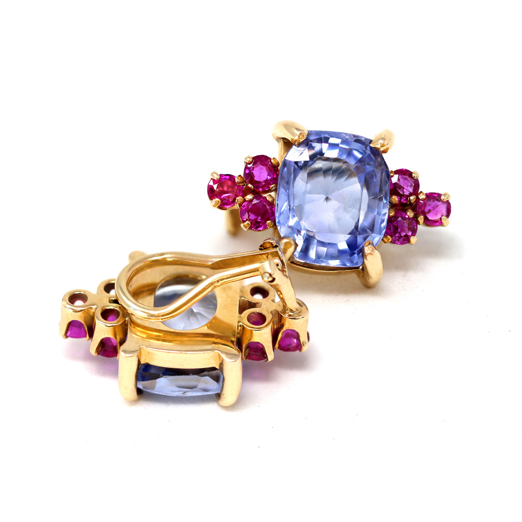 1940s Retro No Heat Ceylon Sapphire and Ruby Clip-on Earrings back view
