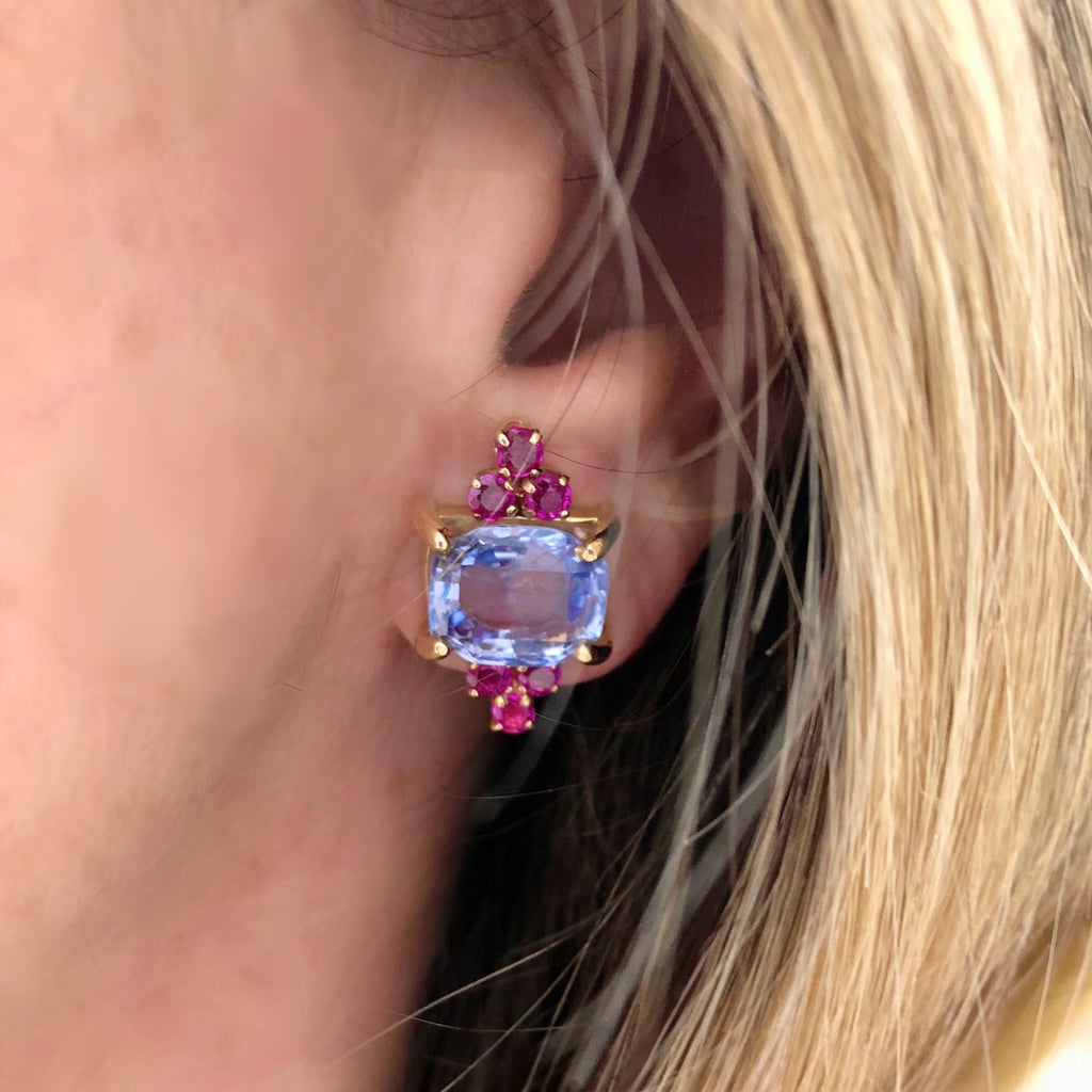 1940s Retro No Heat Ceylon Sapphire and Ruby Clip-on Earrings model view