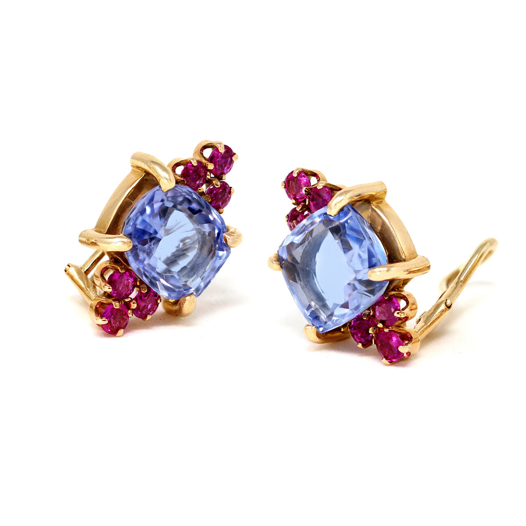 1940s Retro No Heat Ceylon Sapphire and Ruby Clip-on Earrings side view