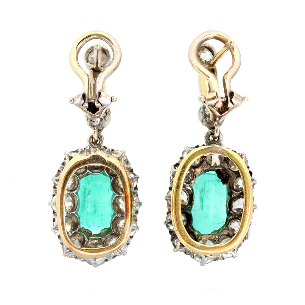 Vintage Platinum on Gold Colombian Emerald and Diamonds Clip-On Earrings back view