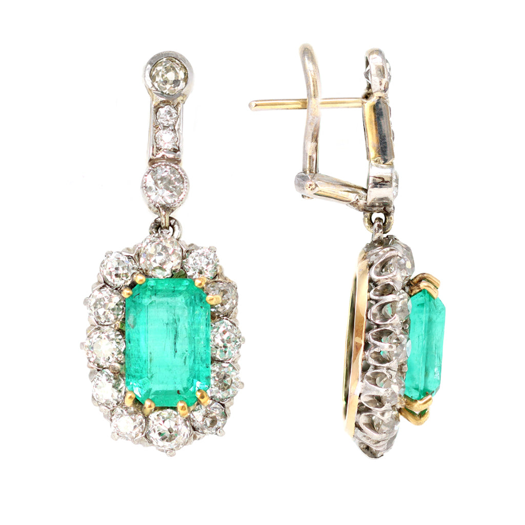 Vintage Platinum on Gold Colombian Emerald and Diamonds Clip-On Earrings front and side view