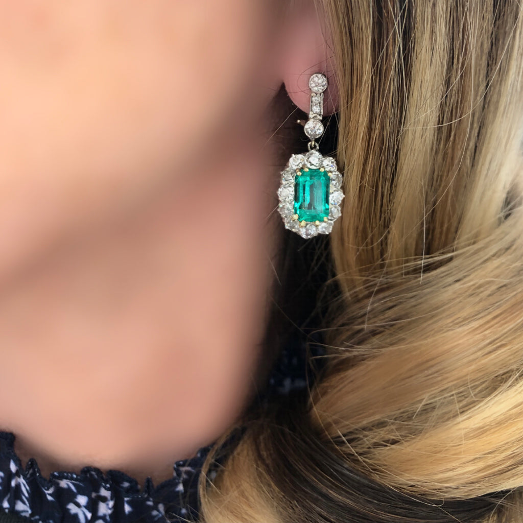 Vintage Platinum on Gold Colombian Emerald and Diamonds Clip-On Earrings model view
