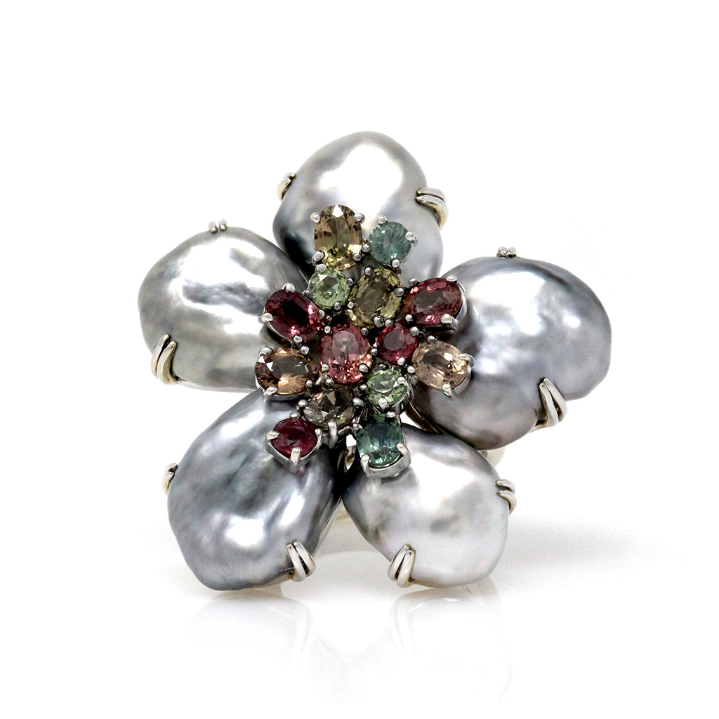 Keshi Pearl, Multi Color Sapphire and 18 Karat Gold "Biwa Flower" Ring front