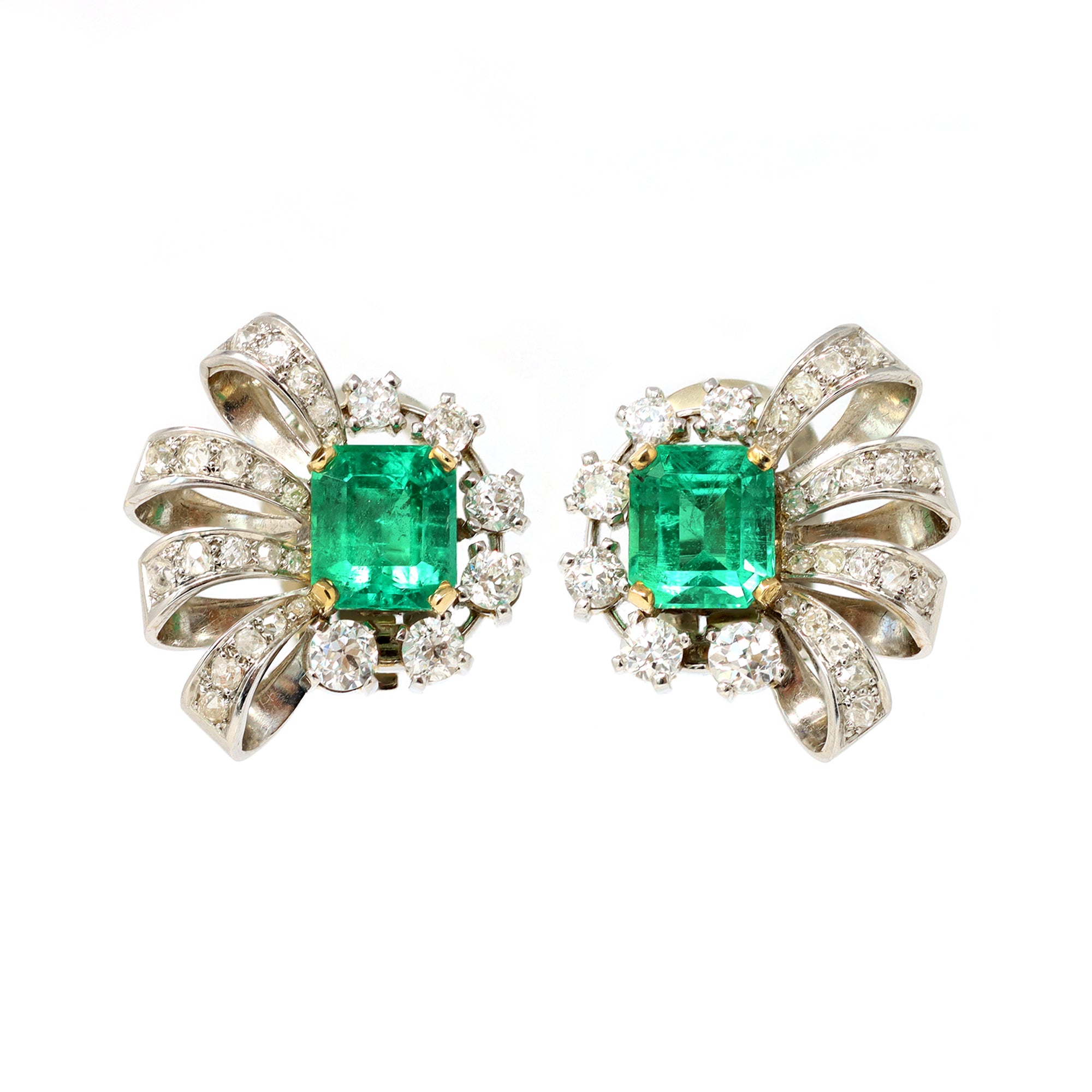 Pair of Emerald and Diamond Clip on Earrings in Platinum, Circa 1940 front view