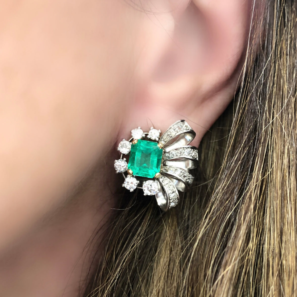 Pair of Emerald and Diamond Clip on Earrings in Platinum, Circa 1940 model view