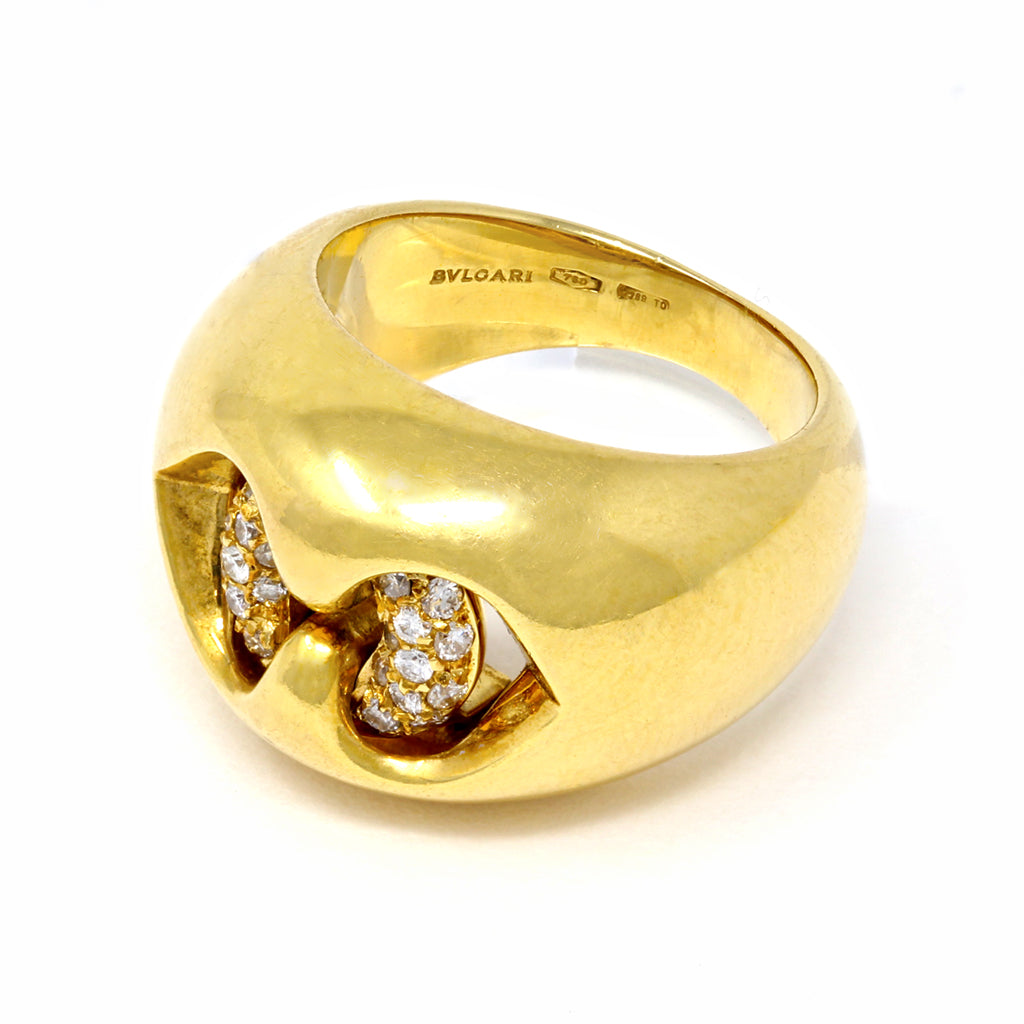Bvlgari Cuore Diamond Gold Cocktail Ring in 18 Karat Yellow Gold makers mark and hallmarks view