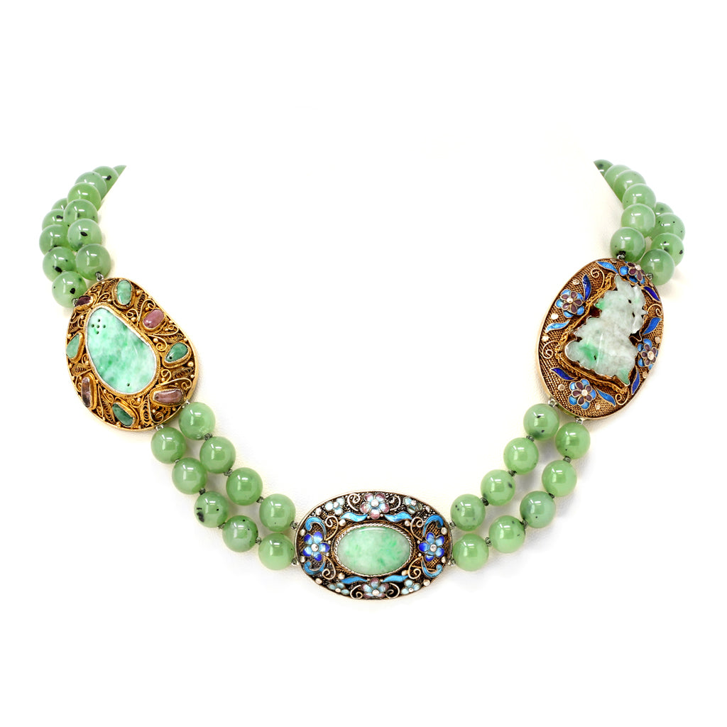 Chinese Nephrite Beads and Jadeite on Vermeil Spacers Double Strand Necklace display view