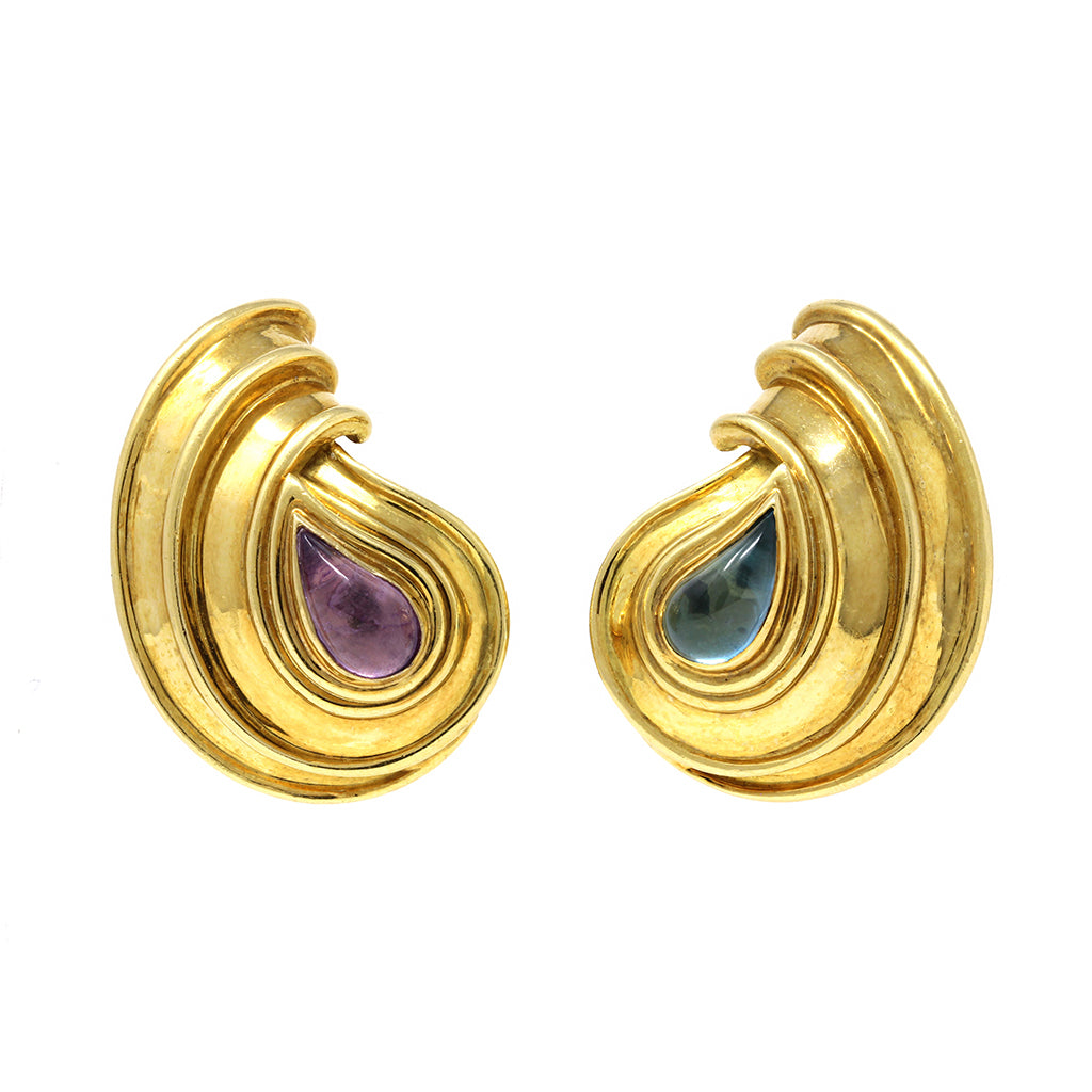 Chopard Casmir 18 karat yellow Gold amethyst and aquamarine clip on earrings