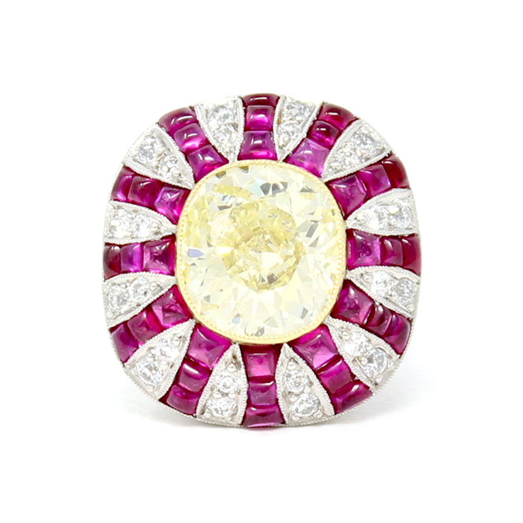 4.76 Carat Art Deco Revival GIA Fancy Yellow Cushion Diamond and Sugar Loaf Rubis Ring top view
