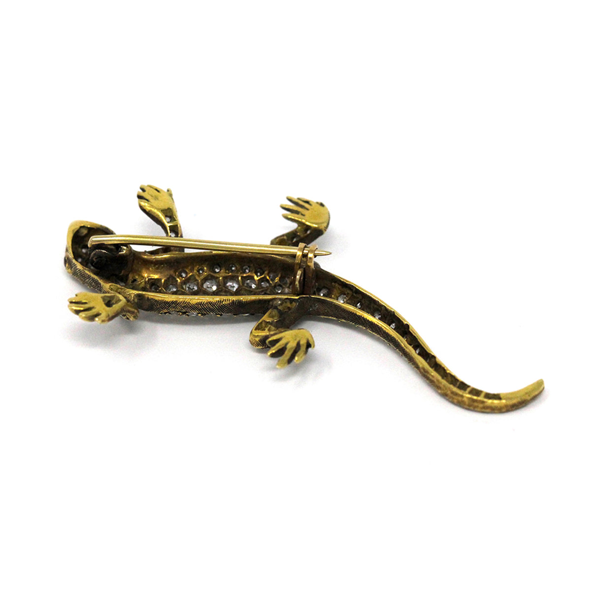 1960s 18 Karat Yellow Gold Gecko Brooch with Diamonds and Rubies back view