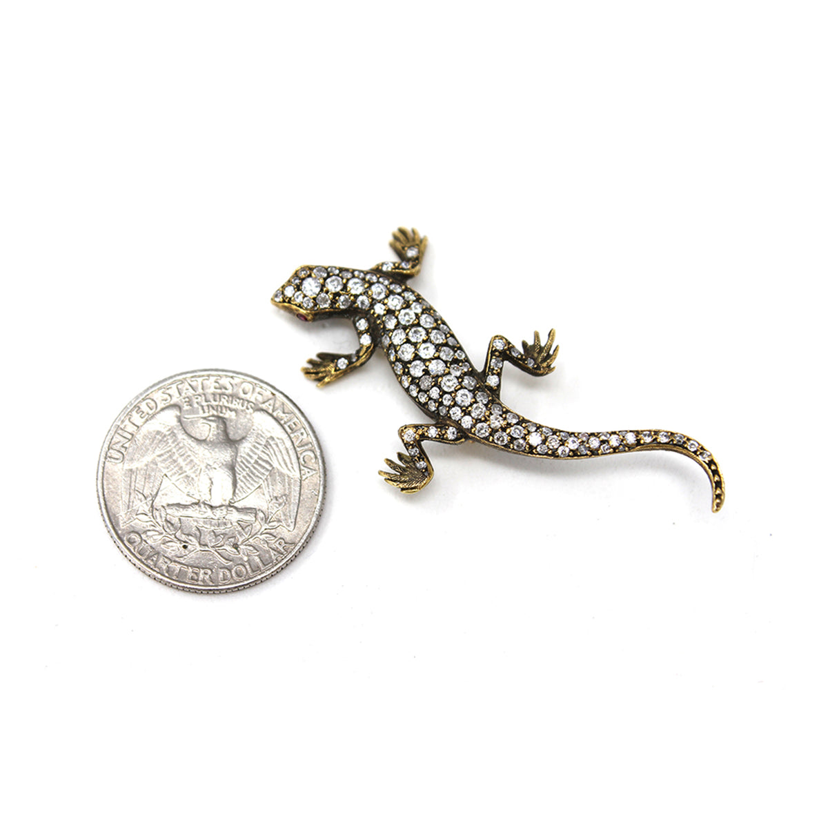 1960s 18 Karat Yellow Gold Gecko Brooch with Diamonds and Rubies coin view