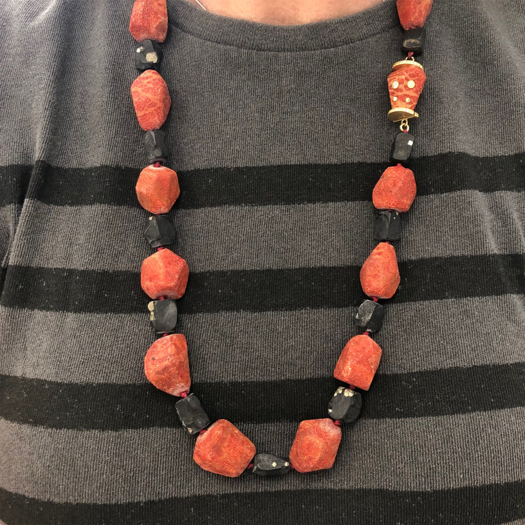 Fred Leighton Red Sponge Coral and Pyrite Beads Strand with 18 Karat Clasp model view