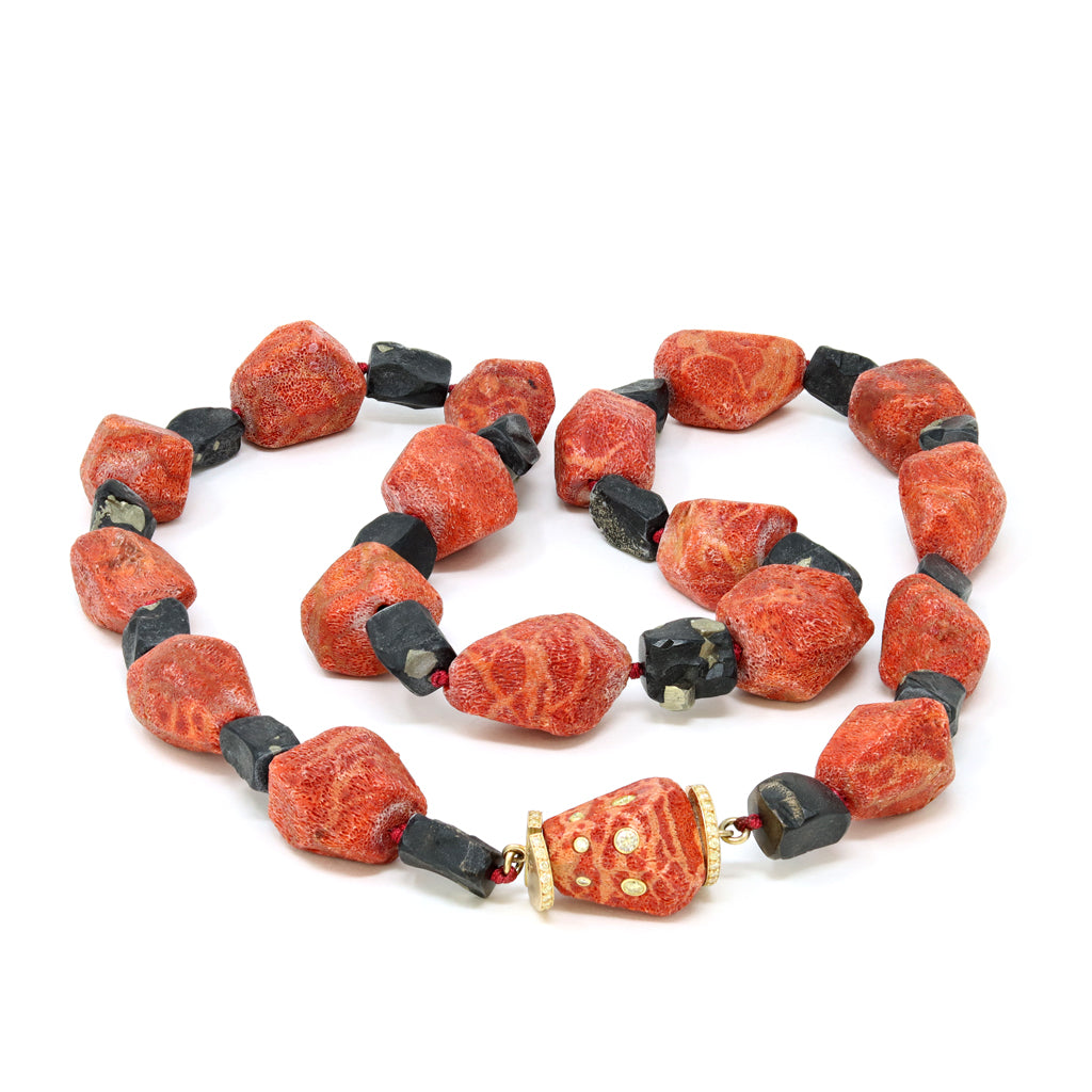 Fred Leighton Red Sponge Coral and Pyrite Beads Strand with 18 Karat Clasp random view