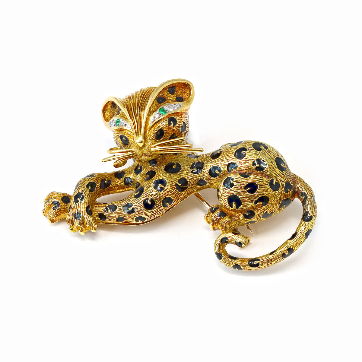 Fred Paris Enamel &amp; 18k Yellow Gold Leopard Brooch front view