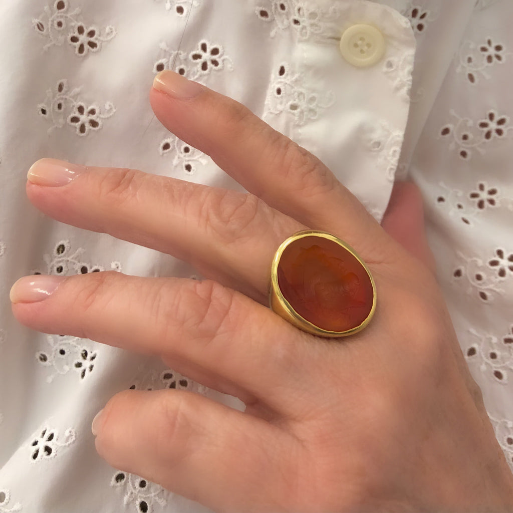 French Carnelian Intaglio Signed Tatar Ring Circa 1950s in 18k model view