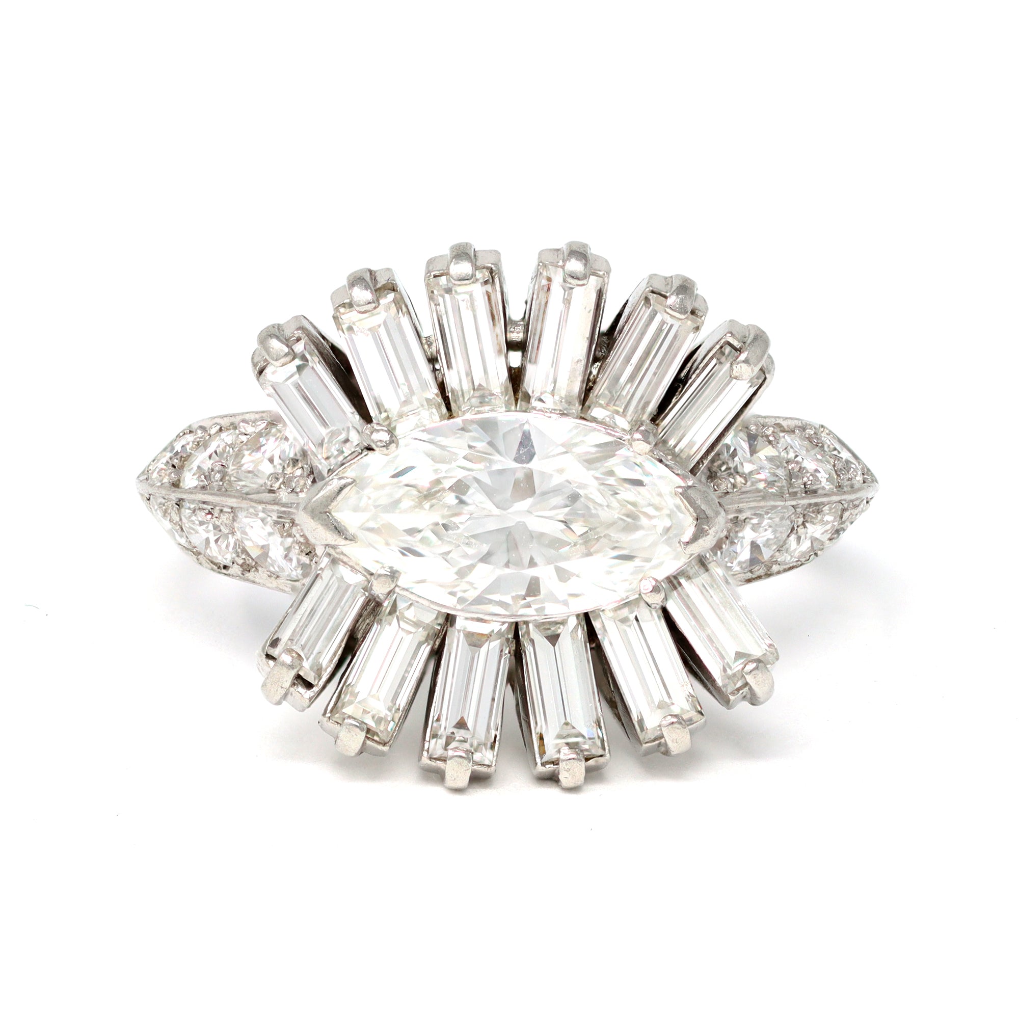 French Platinum Marquise Diamond Cocktail Ring, Circa 1950 top view