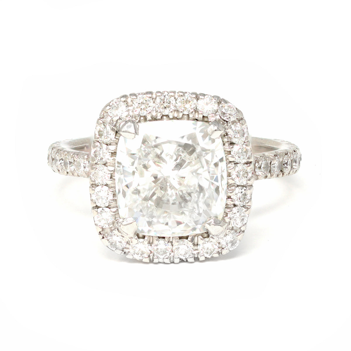 GIA Certified 3.07 Cushion Cut Solitaire Diamond Halo Ring in Platinum top view