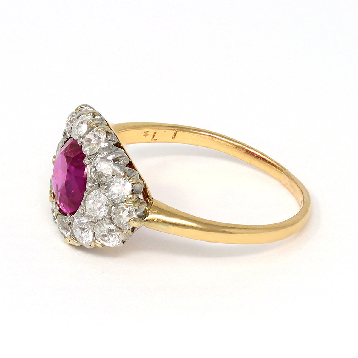 Victorian GIA Certified No Heat Burma Ruby Ring with Diamonds set in 18 karat yellow gold side view 