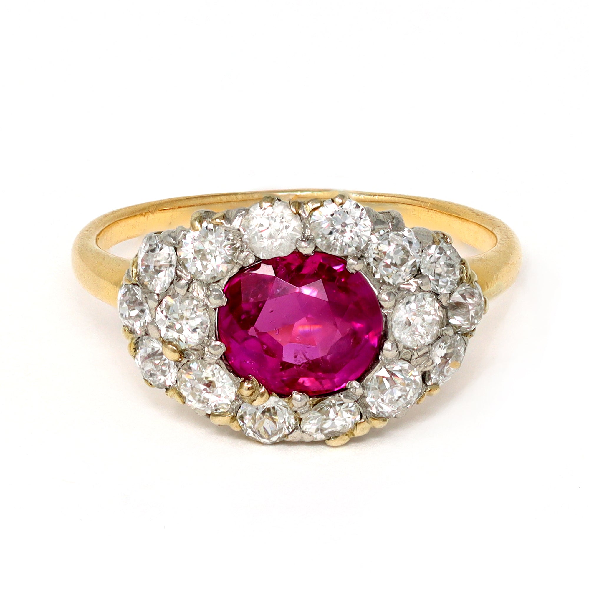 Victorian GIA Certified No Heat Burma Ruby Ring with Diamonds set in 18 karat yellow gold top view