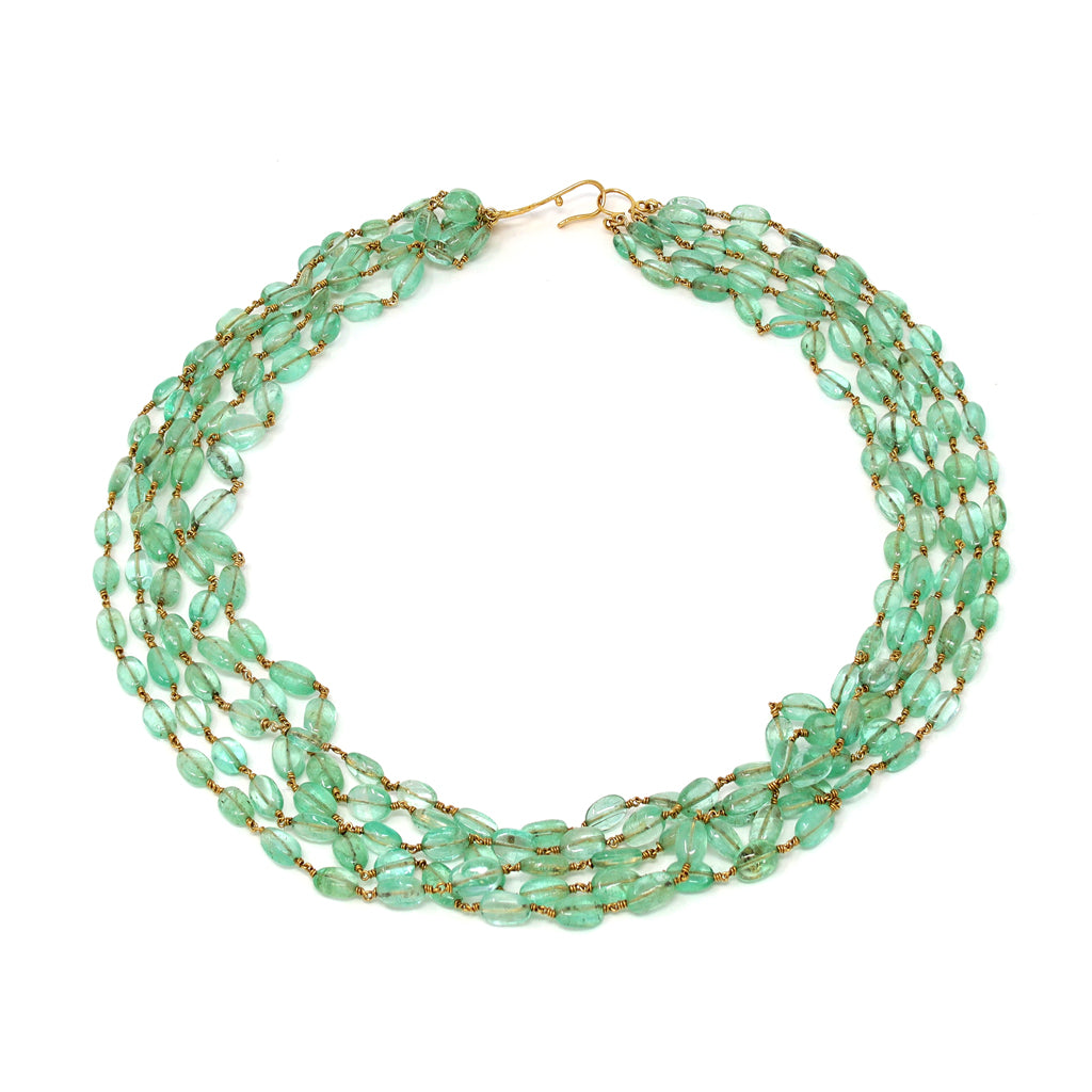 Natural polished Emerald Beads Necklace wired in 18 Karat Yellow Gold top view