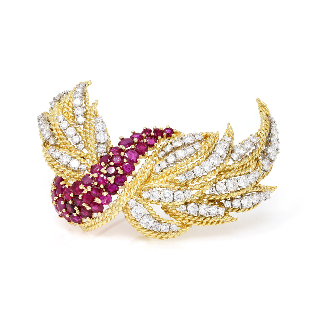 Italian Ruby & Diamond 18k Gold Brooch front view