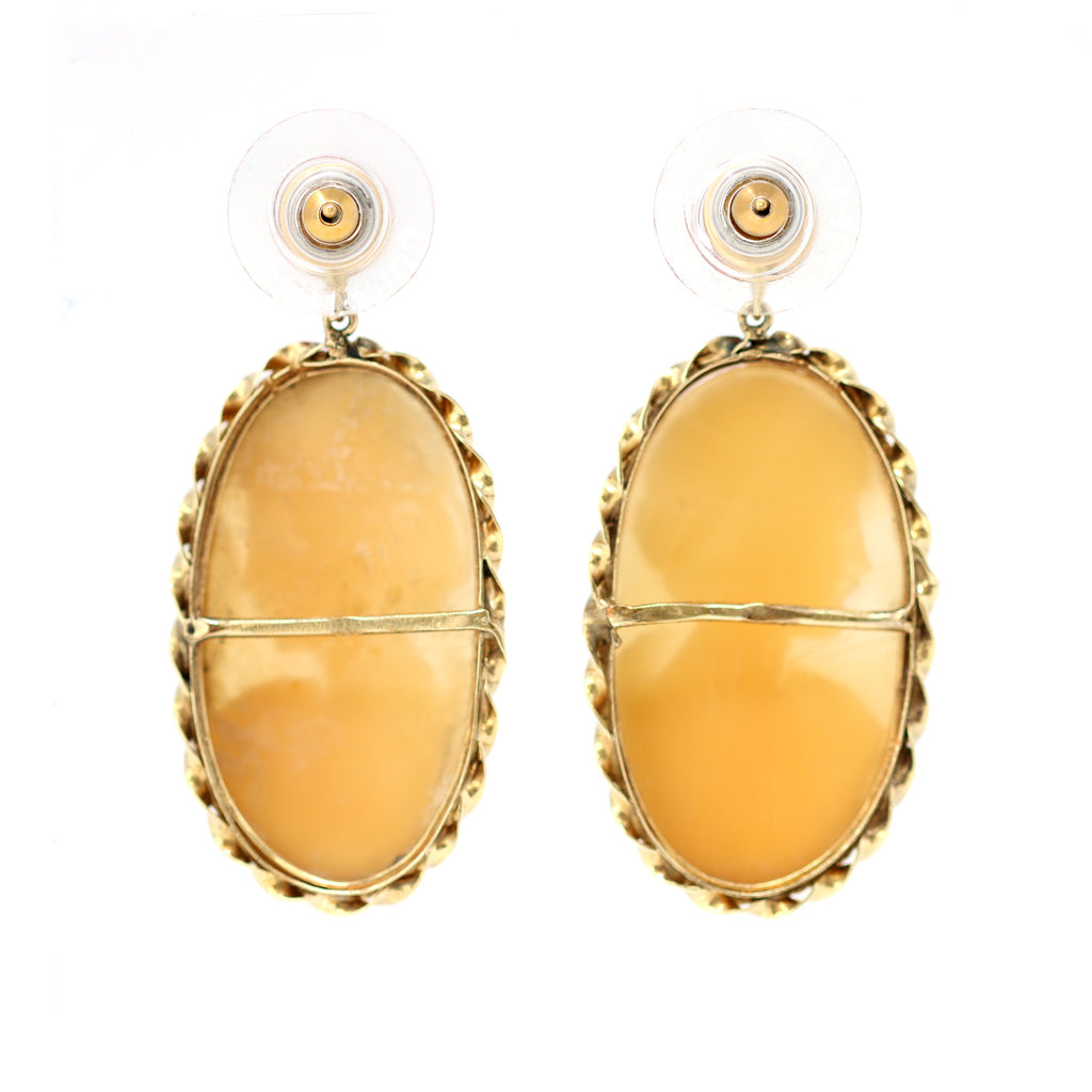 Italian Shell Cameo and Coral Dangling Earrings in 14 Karat Gold back view