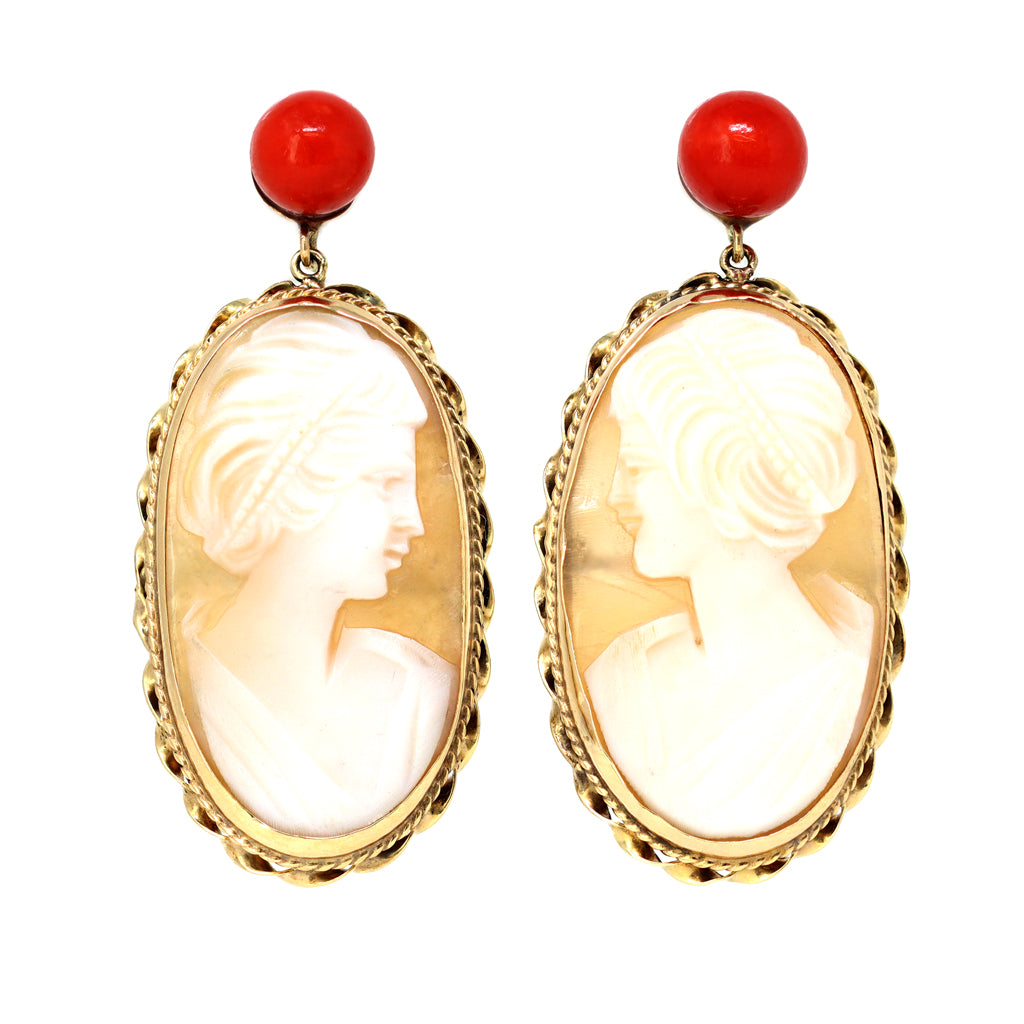 Italian Shell Cameo and Coral Dangling Earrings in 14 Karat Gold front view
