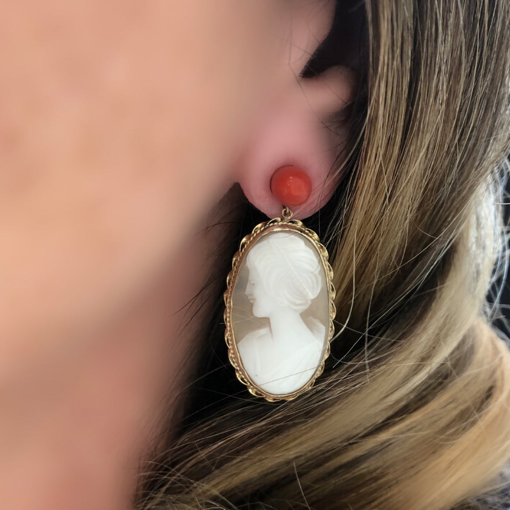Italian Shell Cameo and Coral Dangling Earrings in 14 Karat Gold model view