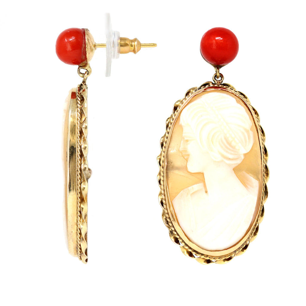Italian Shell Cameo and Coral Dangling Earrings in 14 Karat Gold front and side view
