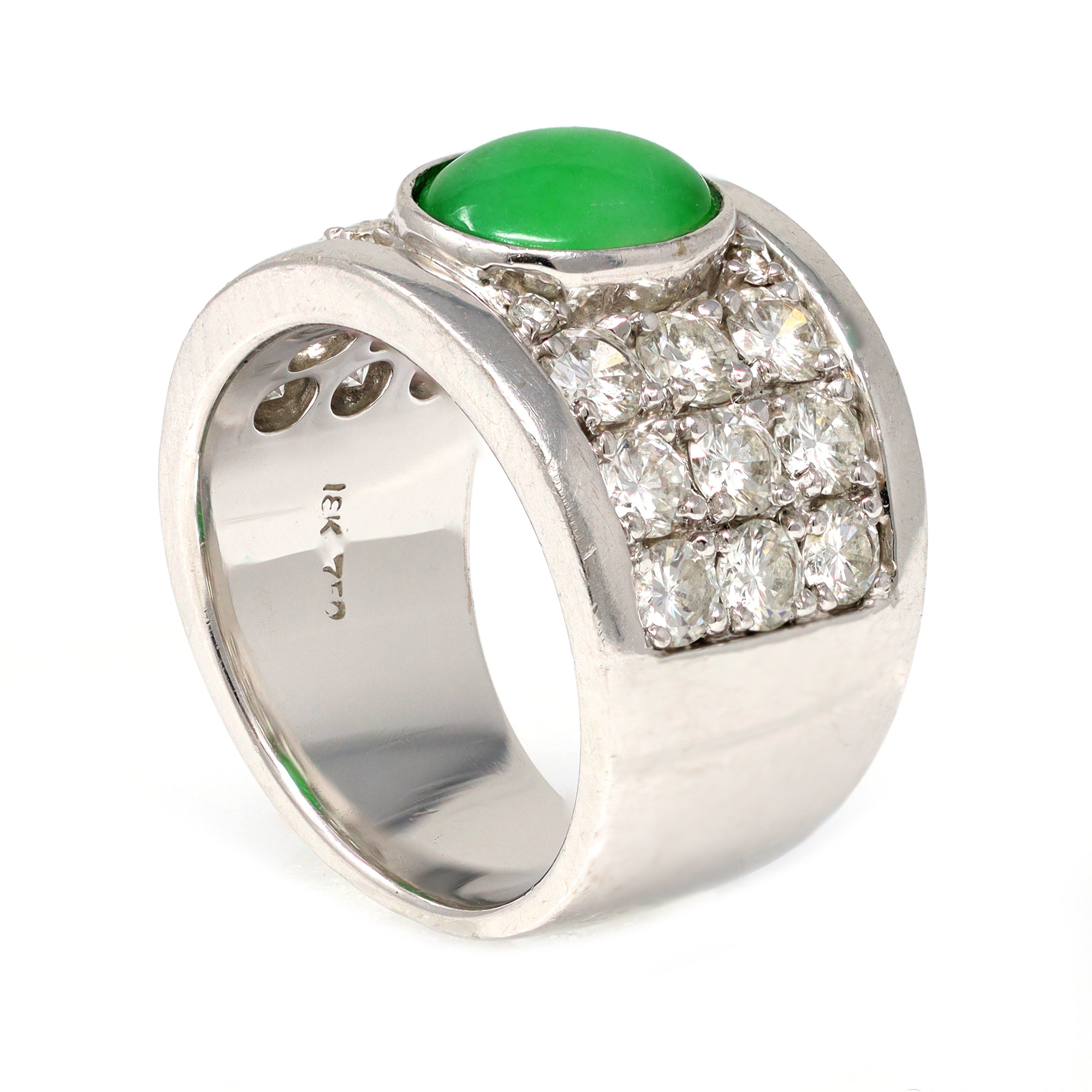 Jadeite Jade and Diamond Wide Band Ring in 18 Karat White Gold hallmarks view