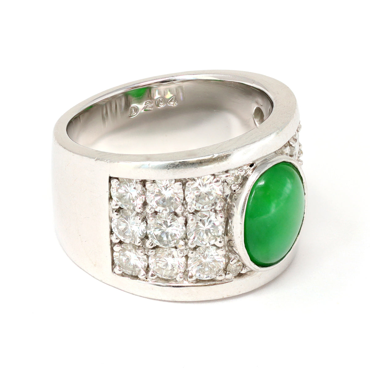 Jadeite Jade and Diamond Wide Band Ring in 18 Karat White Gold diamond weight mark view