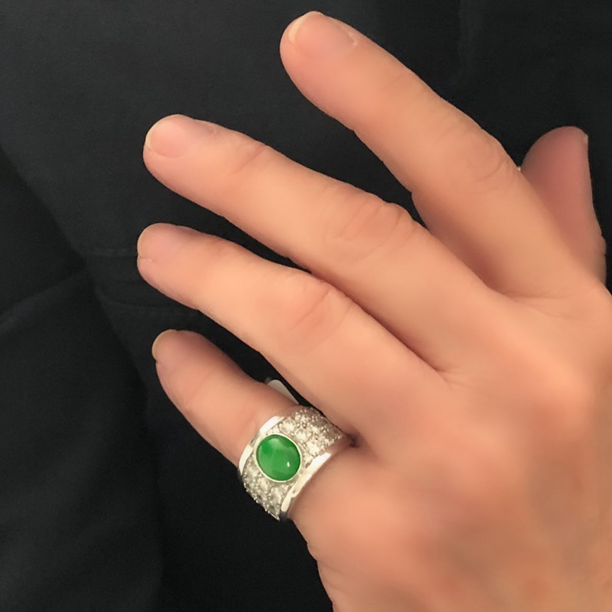 Jadeite Jade and Diamond Wide Band Ring in 18 Karat White Gold model view