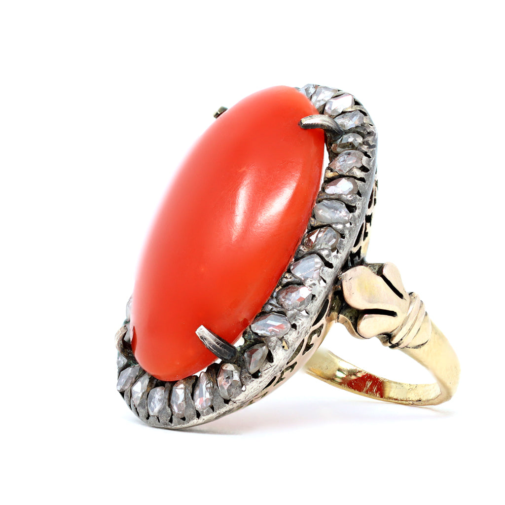 Victorian Coral Cabochon and Rose Cut Diamond Cocktail Ring in 14K and Silver side view