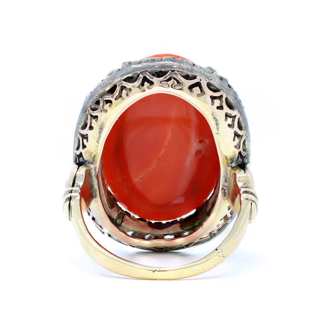 Victorian Coral Cabochon and Rose Cut Diamond Cocktail Ring in 14K and Silver back view