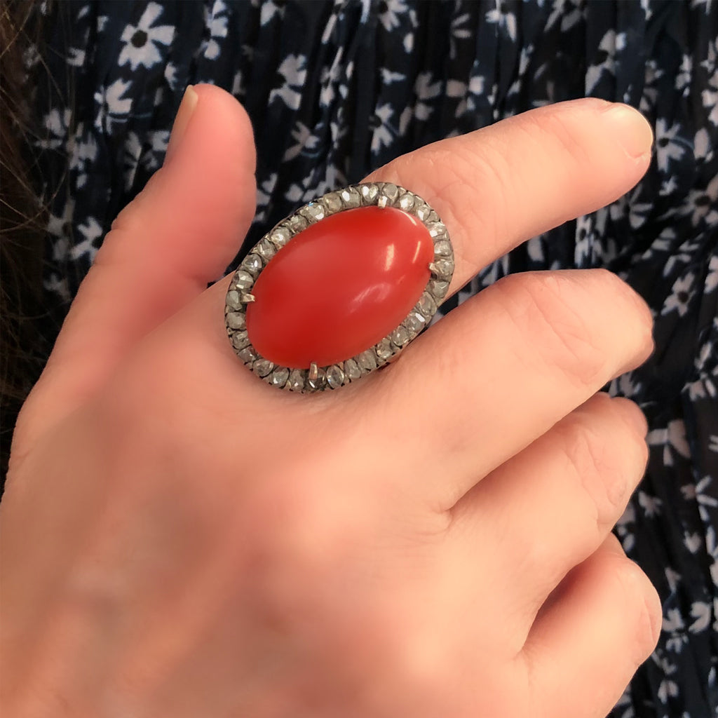 Victorian Coral Cabochon and Rose Cut Diamond Cocktail Ring in 14K and Silver model view