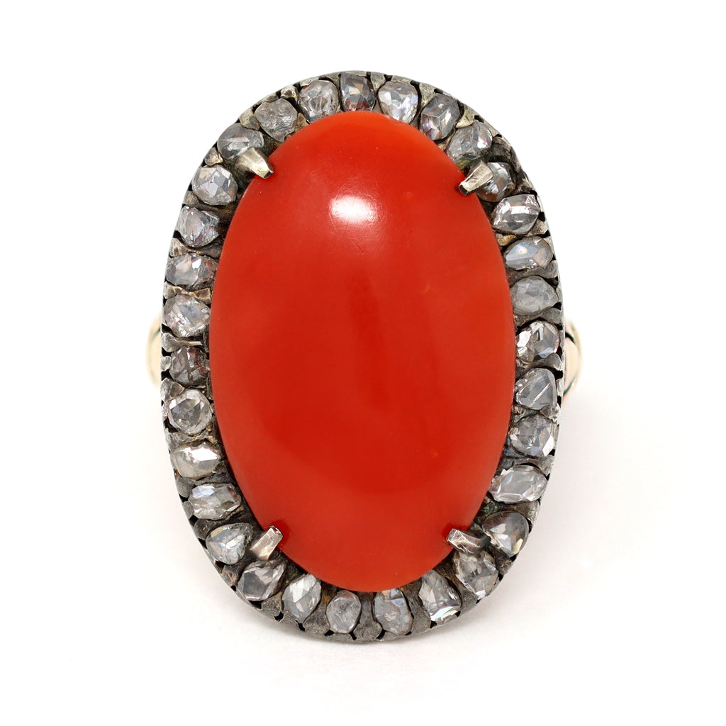 Victorian Coral Cabochon and Rose Cut Diamond Cocktail Ring in 14K and Silver top view