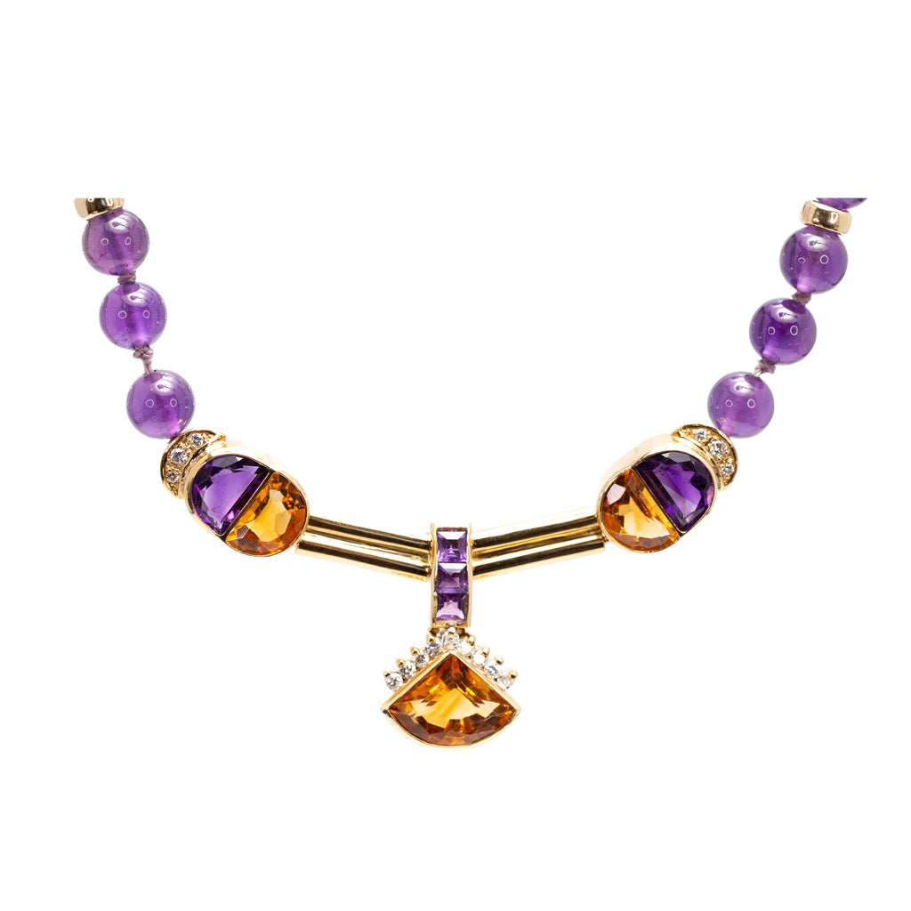 Amethyst, Diamond and Citrine 18k Yellow Gold Necklace detail view