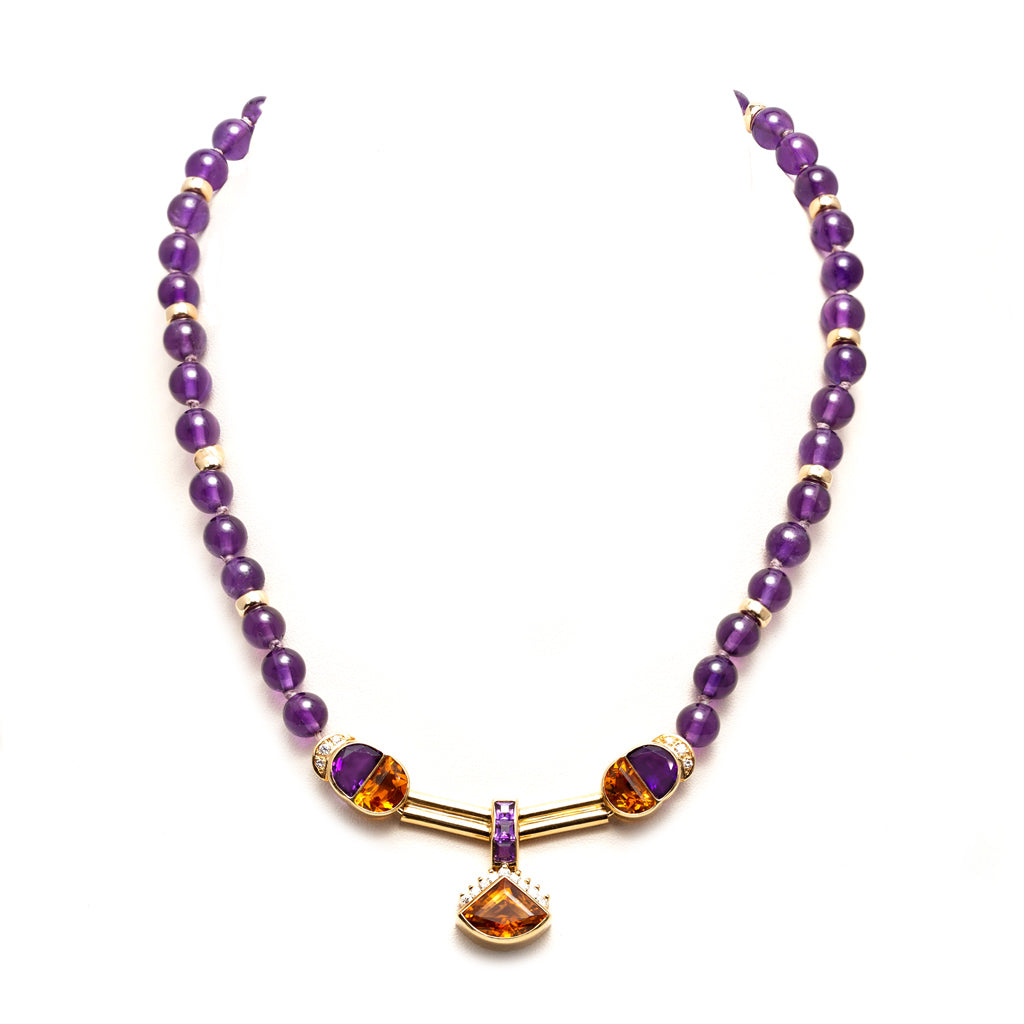 Amethyst, Diamond and Citrine 18k Yellow Gold Necklace display view