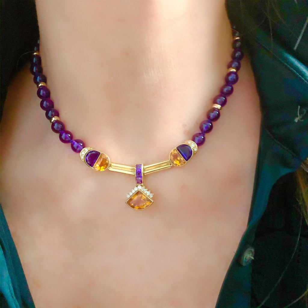 Amethyst, Diamond and Citrine 18k Yellow Gold Necklace model view