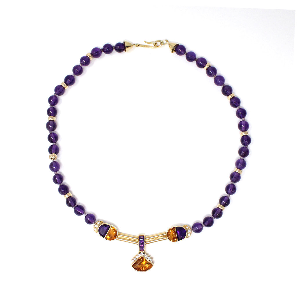 Amethyst, Diamond and Citrine 18k Yellow Gold Necklace top view