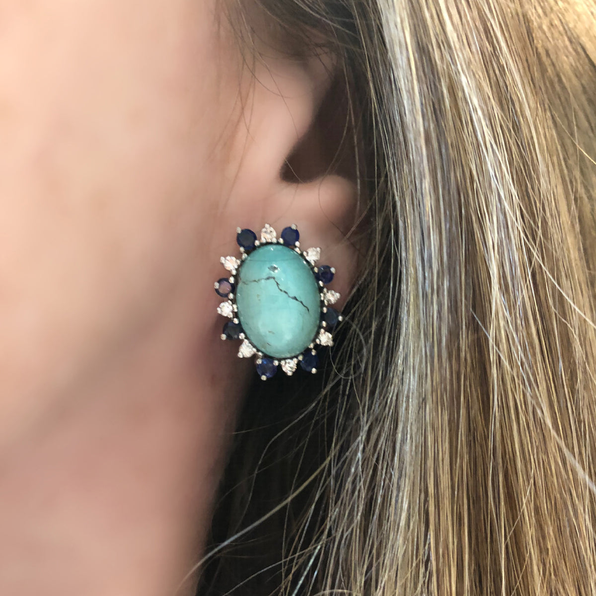 Vintage Turquoise Sapphire and Diamond Clip-on in 18k