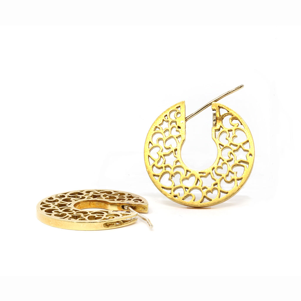 Pasquale Bruni Yellow Gold Heart and Moon Hoop Earrings front and side view