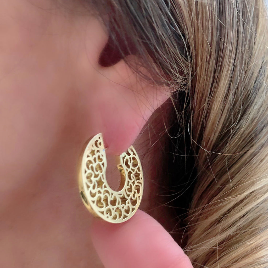 Pasquale Bruni Yellow Gold Heart and Moon Hoop Earrings model view