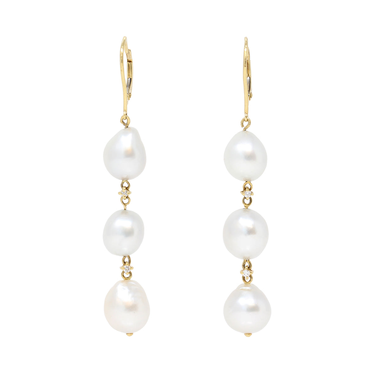 Pair of South Sea Baroque Pearls 18k Gold Dangling Earrings with Diamond Accents