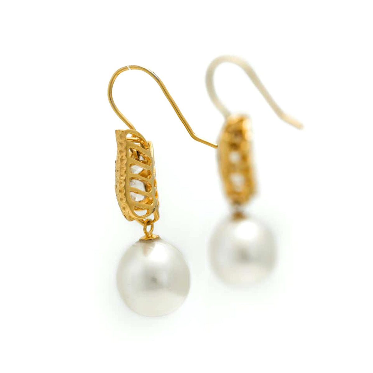South Sea Pearl and Rose Cut Diamond Earrings in 18 Karat Yellow Gold hooks view