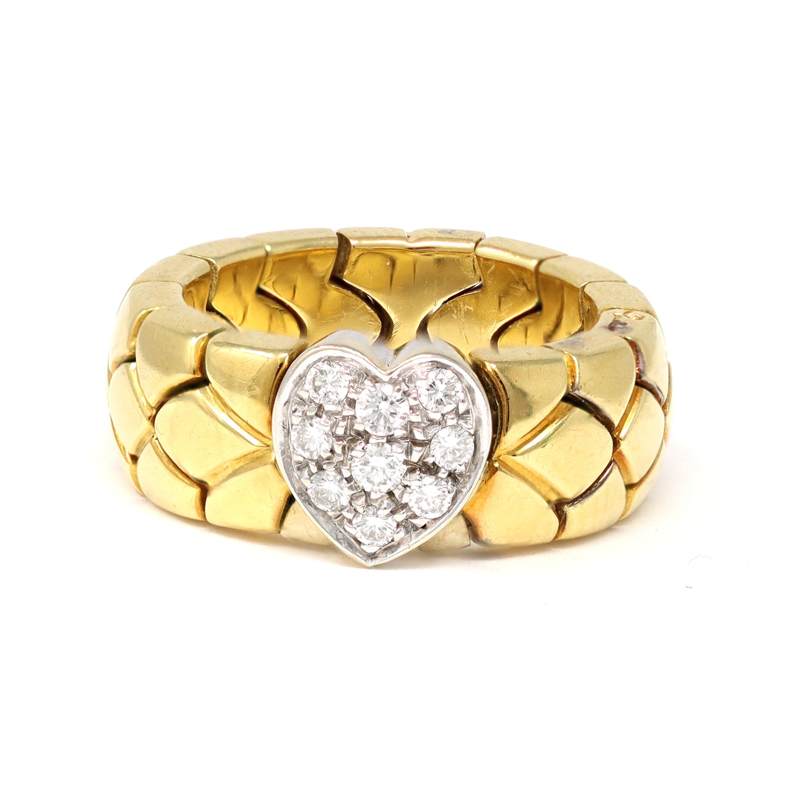 Signed Pomellato Semi Flexible Duo-Tone Diamond Heart Band Ring top view