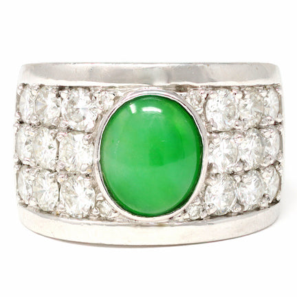 Jadeite Jade and Diamond Wide Band Ring in 18 Karat White Gold top view