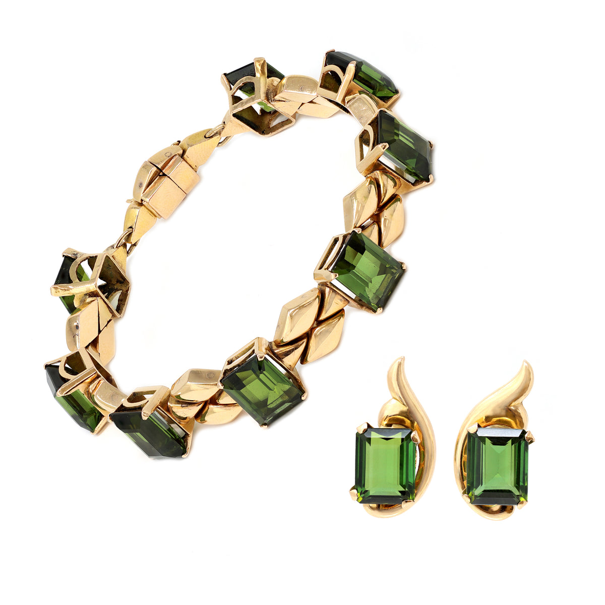 Retro Tourmaline and Pink Gold Bracelet and Earrings