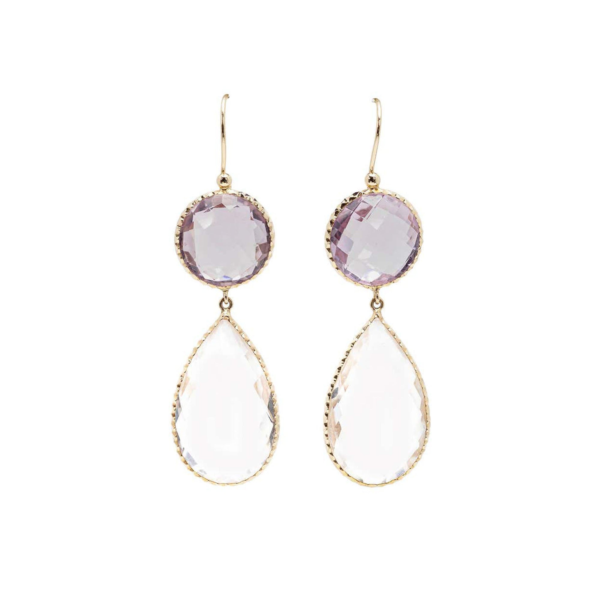 Pair of Light Amethyst and Rock Crystal Faceted Dangling Earrings in 14k Gold